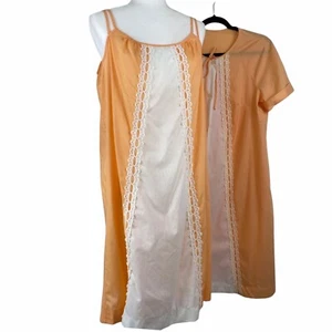 Vintage 70er Gossard Artemis Nachthemd und Morgenmantel Set Orange und Weiß Damen Sm - Bild 1 von 10