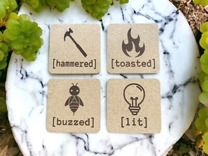 Lustige Kork Untersetzer, 4er Set Untersetzer.  Größe der Untersetzer sind 4 x 4 Zoll. - Bild 1 von 3