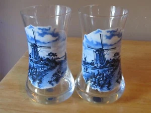 Vintage Holland WINDMILL Blue/White Graphics Contour Shape Glasses~1984~VG Cond - Picture 1 of 5