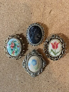 Ornate Cameo Tulip Red Holly berry porcelain Blue Flower 4 Oval pin pendants - Picture 1 of 9