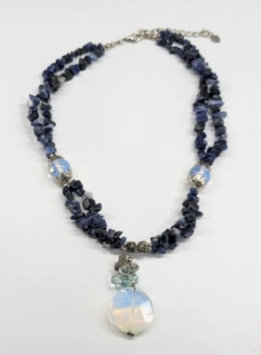 Faux Opal Glass Pendant SilverTone Butterfly Sodalite Chip Multi Strand Necklace Foto 1 de 4