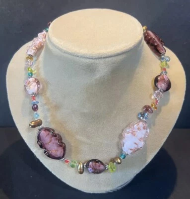 Premier Designs Chunky Purple & Pink Art Glass Necklace Adjustable 16-20” - Image 1 of 4