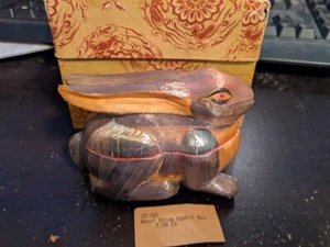 Vintage Handmade Wheat Straw Colorful 3D Rabbit Box lined with Red Silk - Picture 1 of 5