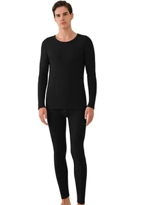 Men's Cashmere Lined Silk Long Johns & Pants Warm Pajama Set Underwear Set Soft - Picture 1 of 23