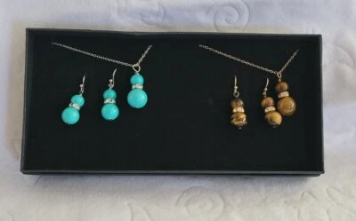 Necklace Earring Set Boxed Stone Turquoise & Brown Rhinestone Vintage  - Image 1 of 4