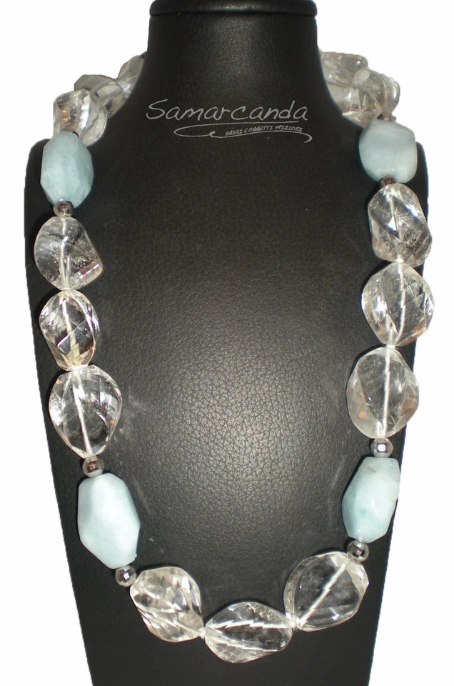 Collana In Cristallo di Rocca e Acquamarina con chiusura e interc in argento 925 - Immagine 1 di 1
