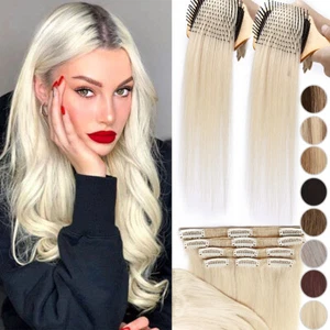 Platinum CLEARANCE  Clip in 100% Remy Human Hair Extension Seamless Full Head US - Picture 1 of 44