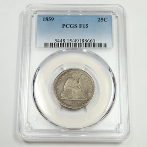 1859 P PCGS F15 - Silver Seated Quarter 25C US Coin #50151A - Picture 1 of 2