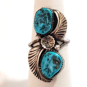 Vintage Navajo Signed two nugget turquoise  ring s6.25 - 6.5  (1421) - Picture 1 of 6