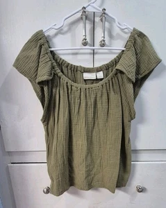 CYNTHIA ROWLEY Damen Gaze Baumwolle grün Rüschen Schulterfrei Top Shirt Gr. L - Bild 1 von 4