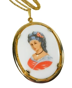 Vintage AJC Co. Gold Filled Victorian Lady Transfer Portrait Pendant Necklace - Picture 1 of 5