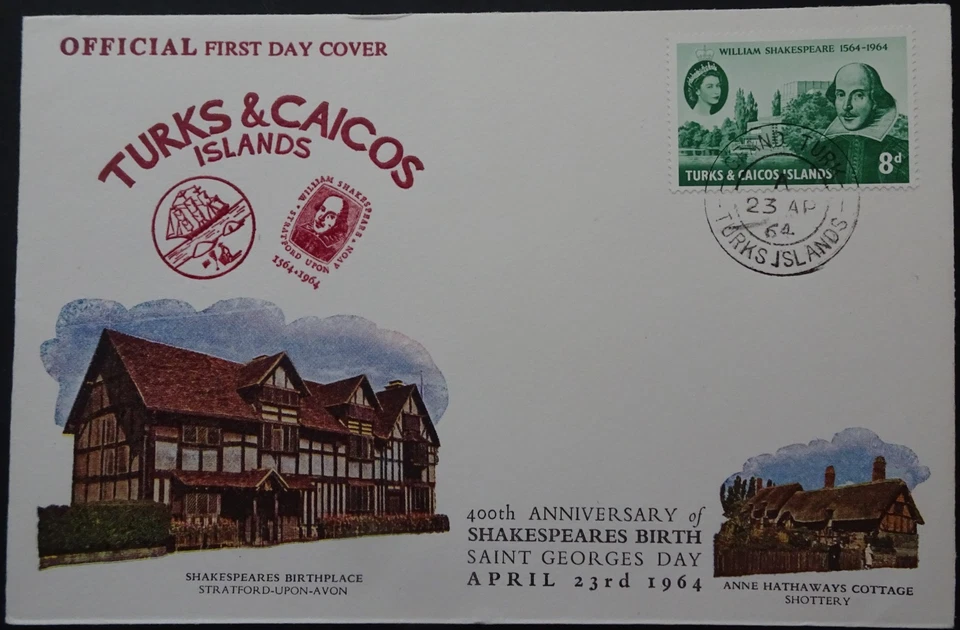Turks & Caicos Anniversary of Shakespeare's Birth St George Day FDC April 1964 - Image 1 of 1