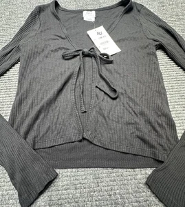RVCA Love Me Long Sleeve Top Womens XS Black Ribbed Tie Front Cropped Shirt NWT - Picture 1 of 13