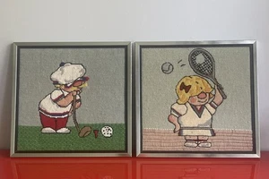 Comic 1970s Framed Sports Needlepoints GOLF TENNIS Groovy Kitsch Retro 16” x 16” - Picture 1 of 4