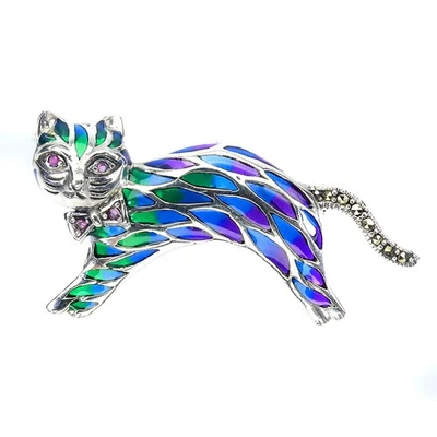 Broche de plata de ley 925 redondo rubí marcasita piedras preciosas gato esmalte joyería Foto 1 de 4