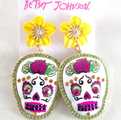 2.75" BETSEY JOHNSON SUGAR SKULL DAY OF THE DEAD/ HALLOWEEN RHINESTONE EARRINGS - Image 1 of 4
