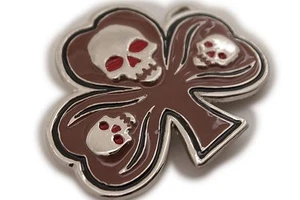 Men Women Silver Metal Belt Buckle Skull Skeleton Head Clover Leaf Mocha Brown - Picture 1 of 6