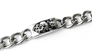STAINLESS STEEL LARGE CURB LINK BIKERS ROSE SKULL BRACELET, 8.5" LONG - Picture 1 of 3