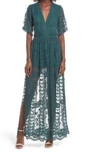 Socialite Size XS Teal Blue Embroidered Floral Lace Overlay Maxi Romper Dress - Picture 1 of 11