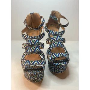 Shi By Journeys Womens Follow Me Platform Heels Shoes Blue Aztec Print Zipper 10 - Picture 1 of 7