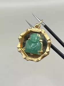 14k Yellow Gold Green Jade Buddha Pendant VTG Estate - Picture 1 of 7