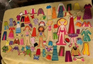 Large Lot of Wooden Magnetic Paper Dolls 4 Dolls 69 Pieces Clothing GUC - Picture 1 of 4
