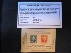 SALE!!  US Scott 948 CIPEX SOUVENIR SHEET 1947 100th Anniversary with Info Card - Bild 1 von 2