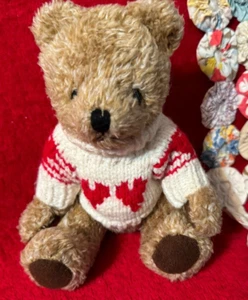Small Teddy Bear with White & Red Heart Knit Sweater - Picture 1 of 9