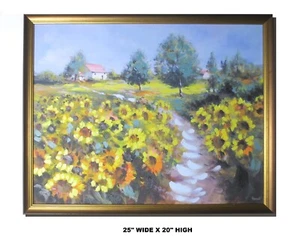 LOW PRICE! OIL PAINTING SIGNED MARMONT SUNFLOWERS COTTAGE LANDSCAPE FRAME 25"X20 - Picture 1 of 11