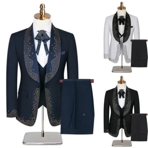Luxury Men Suits 3pcs Regular Fit Shawl Lapel Tuxedos Groom Rhinestone Beading - Picture 1 of 36
