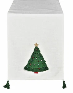 Christmas Evergreen Tassel Tree Table Runner 72x14" Embellished White Green - Picture 1 of 12