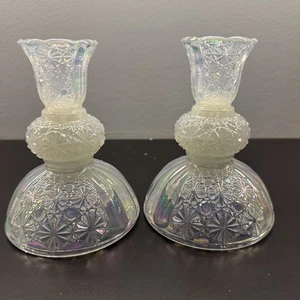 Fenton Opalescent Iridescent- Daisy & Button Candlestick Candle Holder Pair 5IN - Picture 1 of 4