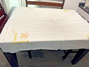 Linen Table Cloth, White with Emborder Corners. 51" x 50" - Picture 1 of 5