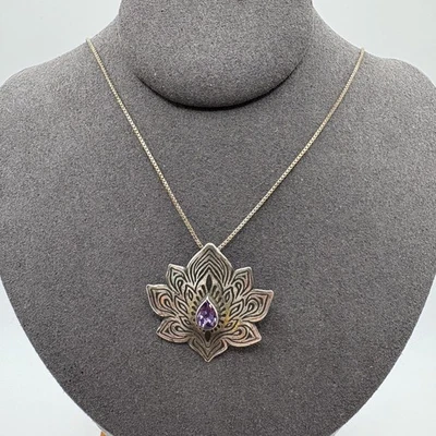 Collar Colgante Loto Plata Esterlina Color Amatista 18" Caja Cadena 925 Foto 1 de 4