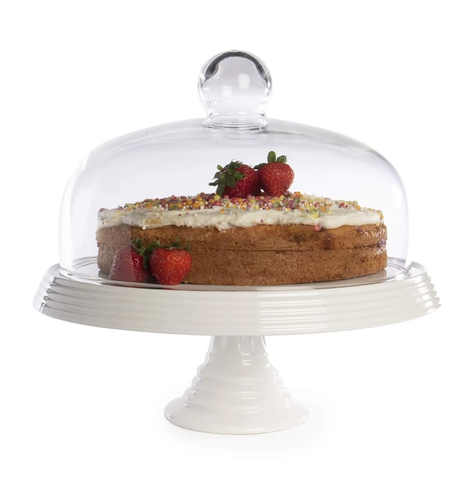Cake Stand Ceramic with Glass Dome Cover Lid Serving Board Party Afternoon Tea - Image 1 of 4