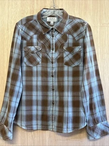 Ryan Michael Flannel Shirt Women's L Blue Brown Plaid Embroidery Snaps Western - Picture 1 of 8