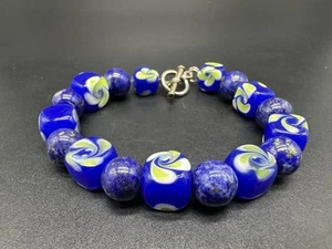 Handmade Art Glass Lapis Lazuli Beaded Bracelet 6.75” - Picture 1 of 8