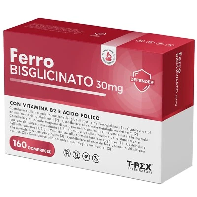 T-REX INTEGRATORI Ferro Integratore 30 mg Con Acido Folico e Vitamina B2 - 160 compresse