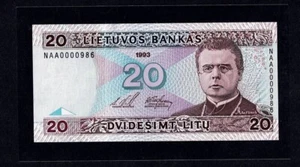 LITHUANIA 20 LITU 1993 P-57 LOW NUMBERED NAA 0000986 UNCIRCULATED RRR - Picture 1 of 3