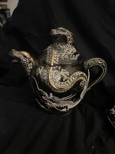 DE COLECCIÓN ESMALTE CLOISONNE Negro Marrón Cerámica Dragón Ware Tetera Platillo Taza Raro - Imagen 1 de 7