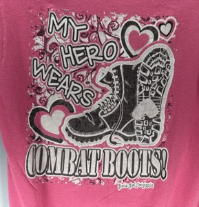 Girly Girl Originals Pink T Shirt My Hero Wears Combat Boots Youth XL Dog Tag - Picture 1 of 6