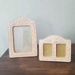 Set Of 2 Whitewash Peach Resin Picture Frames Trellis Cottage 5x7 & 2x3 Floral - Picture 1 of 15