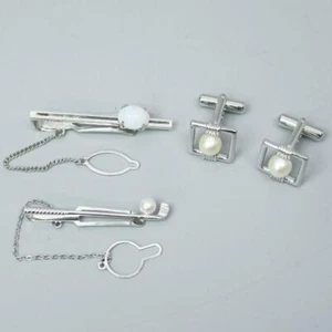 MIKIMOTO Perlenkrawattenclip große Manschettenknöpfe Krawattenclip Set silber - Bild 1 von 10
