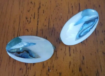 Mother Of Pearl Vintage 70's Abalone White & Blue Shell inlaid Clip On Earrings - Image 1 of 4