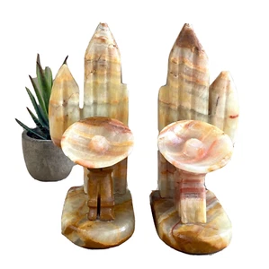 Vtg Hand Carved Pair of Onyx Mexican Man & Woman Bookends, Desert Scene - Picture 1 of 9