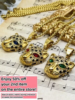 Leopard Panther Pendant Necklace W/ 18K Gold Plated Crystal Charm Hip Hop Chain - Image 1 of 4