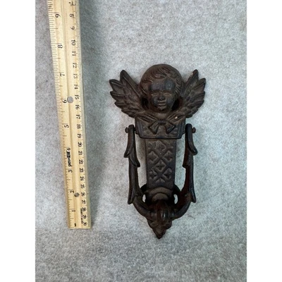 Vintage Angel Winged Cherub Cast Iron Door Knocker Rustic Home Decor - Image 1 of 2