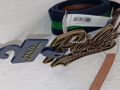 POLO RALPH LAUREN MEN NAVY/GREEN LEATHER LARGE LOGO BRASS BUCKLE BELT 40 $95 NWT - Image 1 of 4