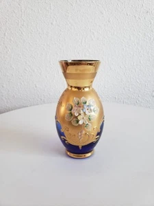 Vtg Bohemian Czechoslovakia Gold Blue Glass Floral Applique 4.5 " Small Vase - Picture 1 of 13