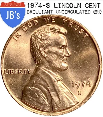 1974-S Lincoln Memorial Cent Penny -  BRILLIANT UNCIRCULATED (BU) - Image 1 of 4